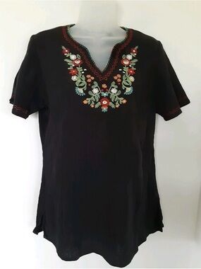 DENIM & CO size L Top Black Crepe Cotton Floral Embroidered V-Neck Hippie Vibe
